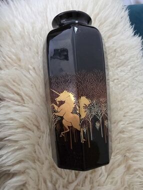 Vintage Otagiri Japan black porcelain vase featuring a gold gilt unicorn design